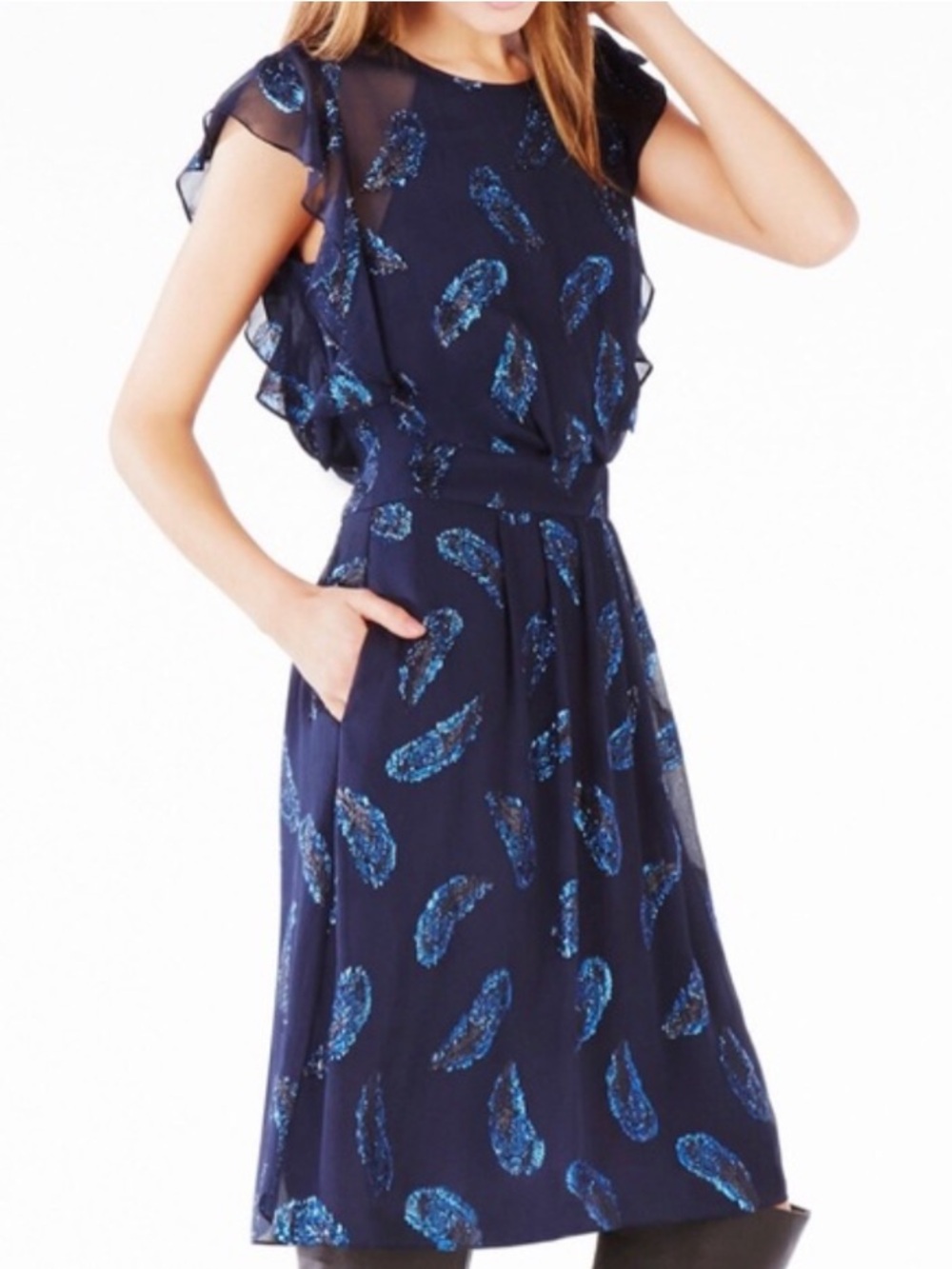 NEW BCBGMaxAzria Sheila Navy Blue Flutter Sleeve Dress Metallic Feather Size 8